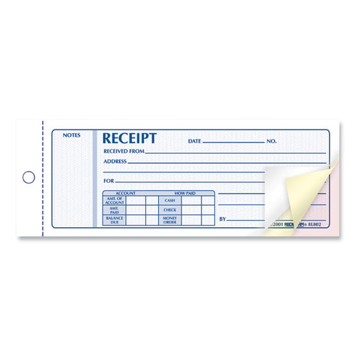 Picture of Receipt Book, Three-Part Carbonless, 7 x 2.75, 4 Forms/Sheet, 50 Forms Total