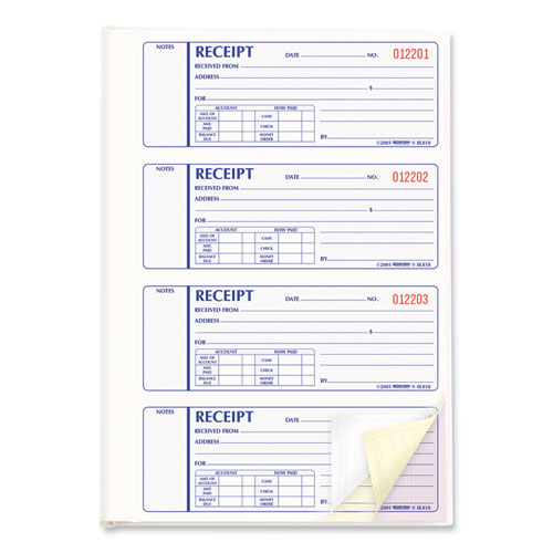 Picture of Money Receipt Book, Hardcover, Three-Part Carbonless, 7 x 2.75, 4 Forms/Sheet, 200 Forms Total