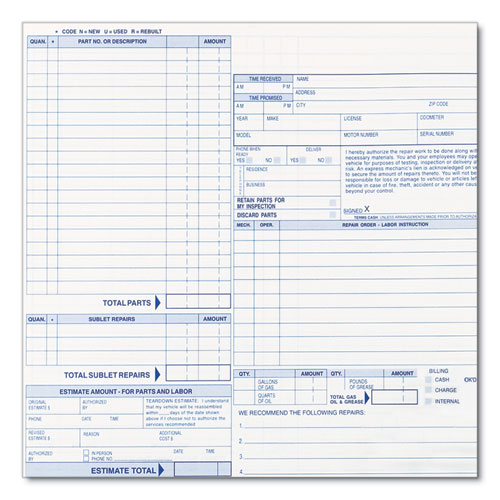 Picture of Speediset Four-Part Auto Repair Form, Four-Part Carbonless, 11 x 8.5, 50 Forms Total