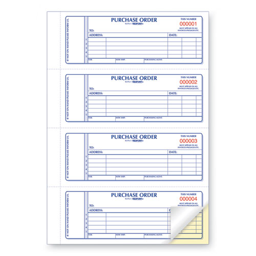 Picture of Purchase Order Book, 5 Lines, Two-Part Carbonless, 7 x 2.75, 4 Forms/Sheet, 400 Forms Total