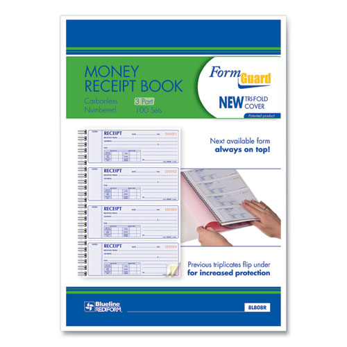 Picture of Money Receipt Book, FormGuard Cover, Three-Part Carbonless, 7 x 2.75, 4 Forms/Sheet, 100 Forms Total