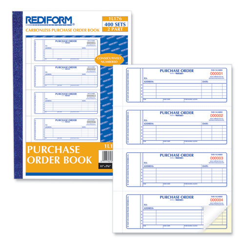 Picture of Purchase Order Book, 5 Lines, Two-Part Carbonless, 7 x 2.75, 4 Forms/Sheet, 400 Forms Total