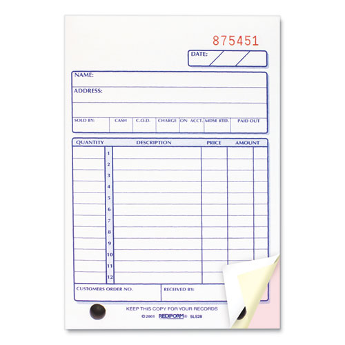 Picture of Sales Book, 12 Lines, Three-Part Carbonless, 4.25 x 6.38, 50 Forms Total