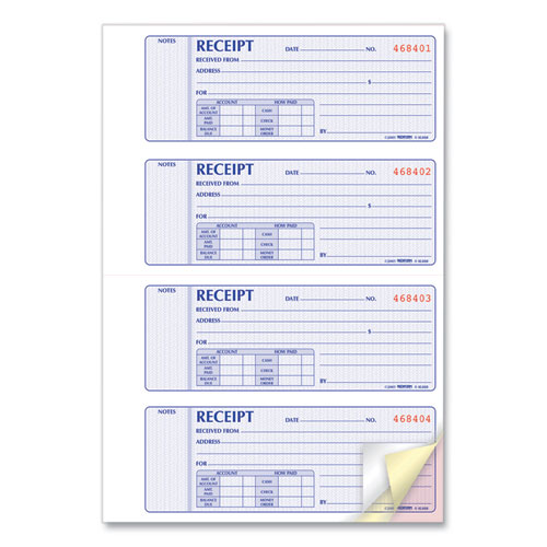 Picture of Money Receipt Book, Softcover, Three-Part Carbonless, 7 x 2.75, 4 Forms/Sheet, 100 Forms Total