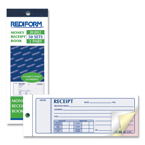 Picture of Receipt Book, Three-Part Carbonless, 7 x 2.75, 4 Forms/Sheet, 50 Forms Total