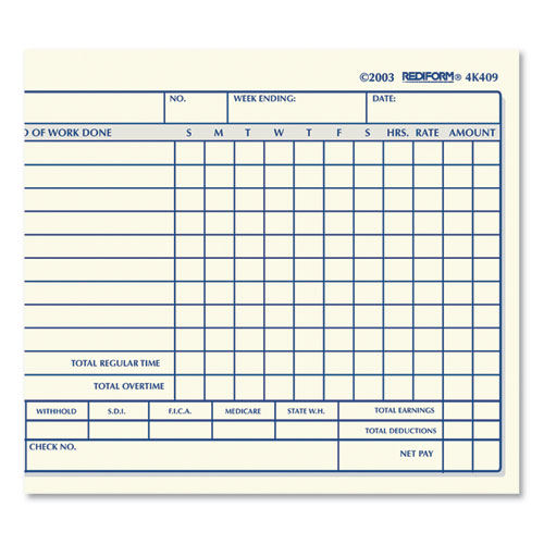 Picture of Weekly Employee Time Cards, One Side, 4.25 x 7, 100/Pad