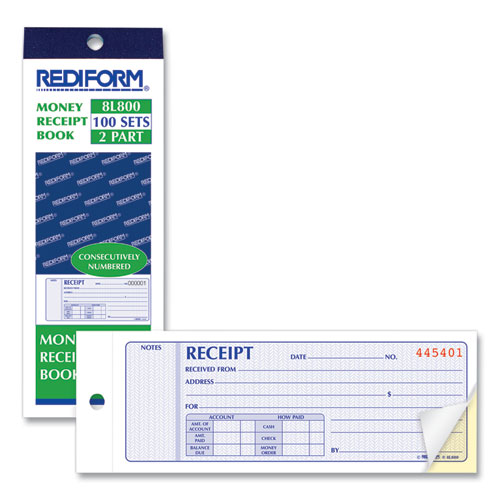 Picture of Receipt Book, Two-Part Carbonless, 7 x 2.75, 4 Forms/Sheet, 100 Forms Total