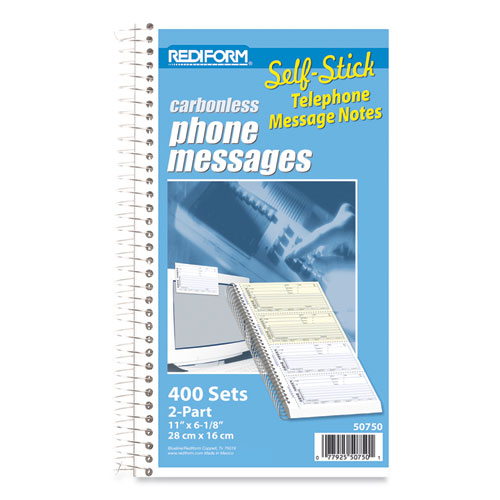 Picture of Self-Stick Telephone Message Book, Two-Part Carbonless, 5.5 x 2.75, 4 Forms/Sheet, 400 Forms Total