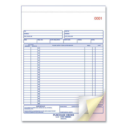 Picture of Purchase Order Book, 17 Lines, Three-Part Carbonless, 8.5 x 11, 50 Forms Total