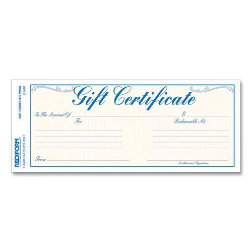 Picture of Gift Certificates with Envelopes, 8.5 x 3.67, Blue/Gold with Blue Border, 25/Pack