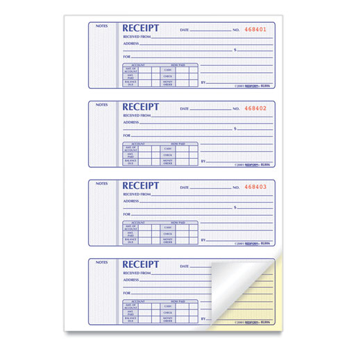 Picture of Money Receipt Book, Softcover, Two-Part Carbonless, 7 x 2.75, 4 Forms/Sheet, 200 Forms Total