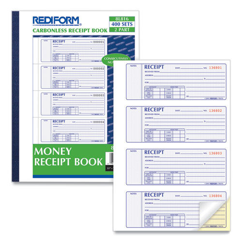 Picture of Receipt Book, Two-Part Carbonless, 7 x 2.75, 4 Forms/Sheet, 400 Forms Total