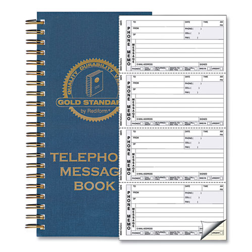 Picture of Wirebound Message Book, Two-Part Carbonless, 5 x 2.75, 4/Page, 600 Forms