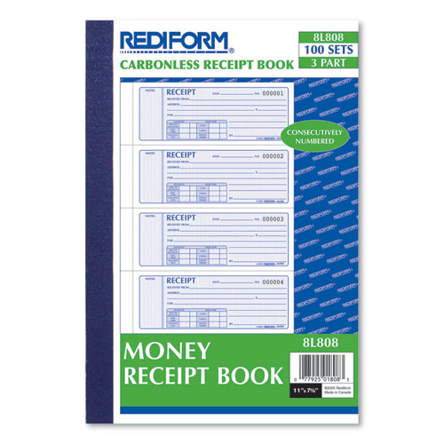 Picture of Money Receipt Book, Softcover, Three-Part Carbonless, 7 x 2.75, 4 Forms/Sheet, 100 Forms Total