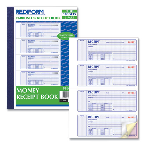 Picture of Money Receipt Book, Softcover, Three-Part Carbonless, 7 x 2.75, 4 Forms/Sheet, 100 Forms Total