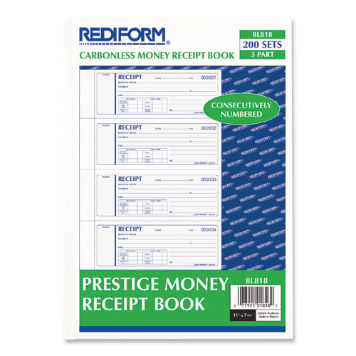 Picture of Money Receipt Book, Hardcover, Three-Part Carbonless, 7 x 2.75, 4 Forms/Sheet, 200 Forms Total