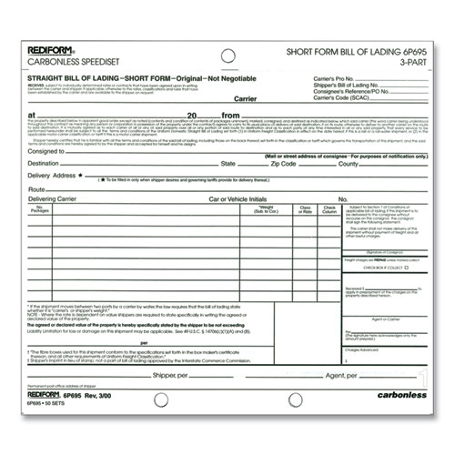 Picture of Speediset Bill of Lading, Short Form, Three-Part Carbonless, 7 x 8.5, 50 Forms Total