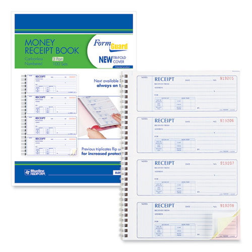 Picture of Money Receipt Book, FormGuard Cover, Three-Part Carbonless, 7 x 2.75, 4 Forms/Sheet, 100 Forms Total