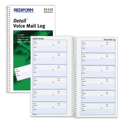 Picture of Detail Wirebound Voice Mail Log Book, One-Part (No Copies), 5 x 1.63, 6 Forms/Sheet, 600 Forms Total