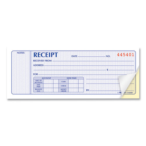 Picture of Receipt Book, Two-Part Carbonless, 7 x 2.75, 4 Forms/Sheet, 100 Forms Total