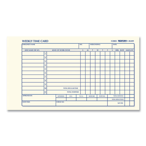 Picture of Weekly Employee Time Cards, One Side, 4.25 x 7, 100/Pad