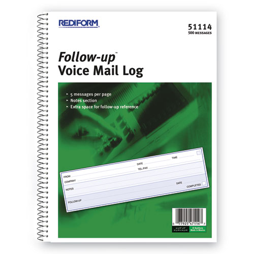 Picture of Follow-up Wirebound Voice Mail Log Book, One-Part (No Copies), 7.5 x 2, 5 Forms/Sheet, 500 Forms Total