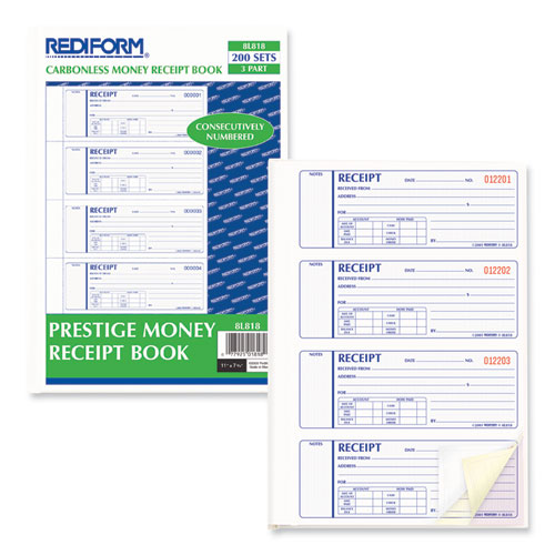 Picture of Money Receipt Book, Hardcover, Three-Part Carbonless, 7 x 2.75, 4 Forms/Sheet, 200 Forms Total