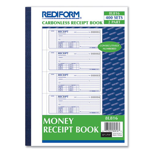 Picture of Receipt Book, Two-Part Carbonless, 7 x 2.75, 4 Forms/Sheet, 400 Forms Total