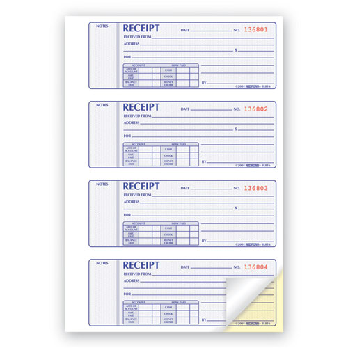 Picture of Receipt Book, Two-Part Carbonless, 7 x 2.75, 4 Forms/Sheet, 400 Forms Total