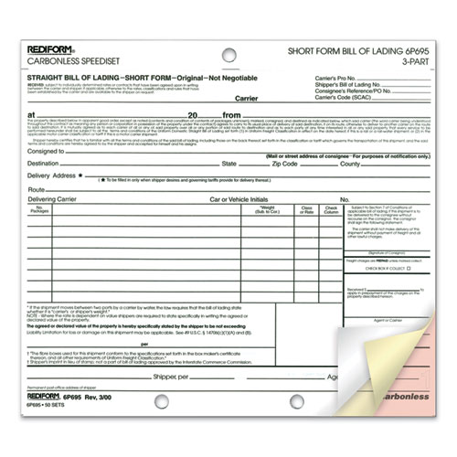 Picture of Speediset Bill of Lading, Short Form, Three-Part Carbonless, 7 x 8.5, 50 Forms Total