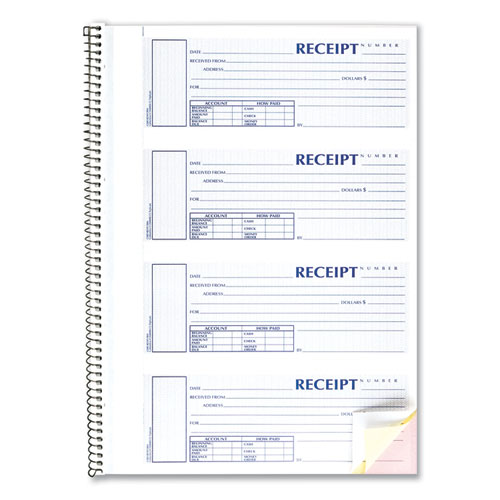 Picture of Spiralbound Unnumbered Money Receipt Book, Three-Part Carbonless, 7 x 2.75, 4 Forms/Sheet, 120 Forms Total