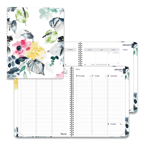 Picture of Soft Cover Design Weekly/Monthly Planner, Floral Watercolor Artwork, 11 x 8.5, White/Blue/Yellow, 12-Month (Jan to Dec): 2023