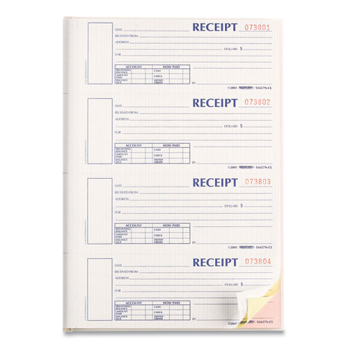 Picture of Durable Hardcover Numbered Money Receipt Book, Three-Part Carbonless, 6.88 x 2.75, 4 Forms/Sheet, 200 Forms Total