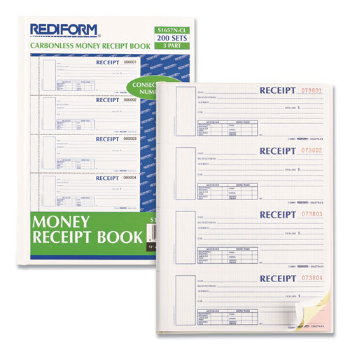 Picture of Durable Hardcover Numbered Money Receipt Book, Three-Part Carbonless, 6.88 x 2.75, 4 Forms/Sheet, 200 Forms Total