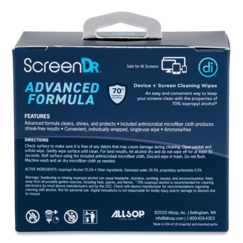 Picture of ScreenDr Device and Screen Cleaning Wipes, Includes 60 Individually Wrapped Wipes and 8" Microfiber Cloth, 6 x 5, White