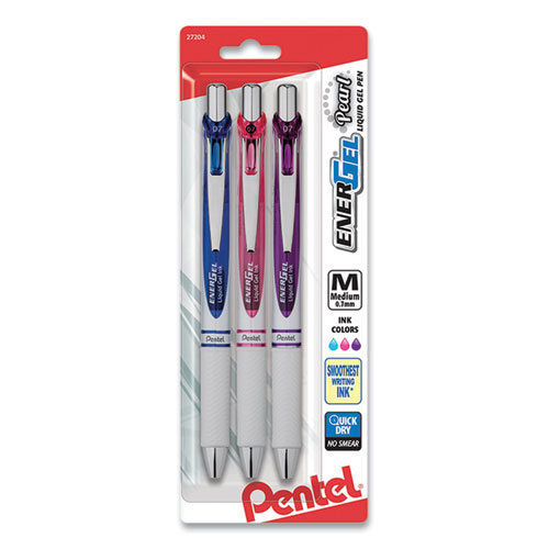 Picture of EnerGel Pearl Gel Pen, Retractable, Medium 0.7 mm, Assorted Ink and Barrel Colors, 3/Pack