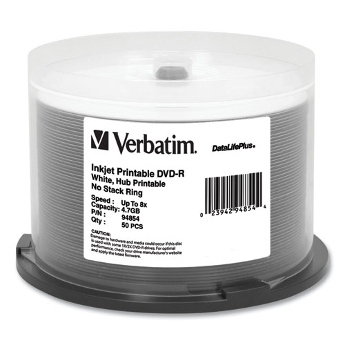 Picture of DVD-R DataLifePlus Printable Recordable Disc, 4.7 GB, 8x, Spindle, White, 50/Pack