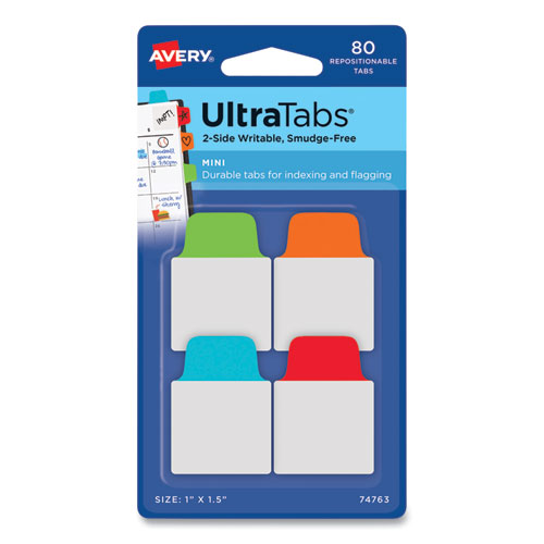 Picture of Ultra Tabs Repositionable Tabs, Mini Tabs: 1" x 1.5", 1/5-Cut, Assorted Colors, 80/Pack