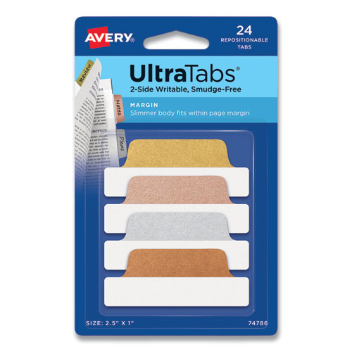 Picture of Ultra Tabs Repositionable Margin Tabs, 1/5-Cut Tabs, Assorted Metallic, 2.5" Wide, 24/Pack