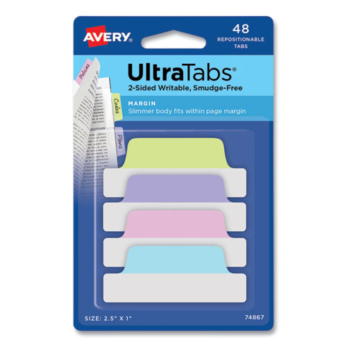 Picture of Ultra Tabs Repositionable Tabs, Margin Tabs: 2.5" x 1", 1/5-Cut, Assorted Pastel Colors, 48/Pack