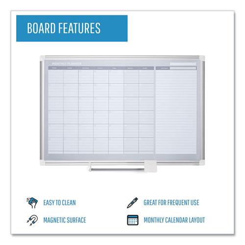 Picture of Magnetic Dry Erase Calendar Board, Monthly Planning/Scheduling, 36" x 24", White Surface, Satin Aluminum Frame