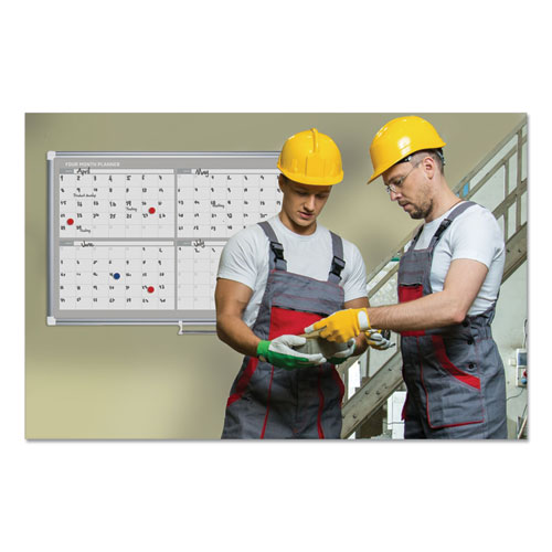Picture of Magnetic Dry Erase Calendar Board, Four-Month Planning/Scheduling, 48" x 36", White Surface, Satin Aluminum Frame