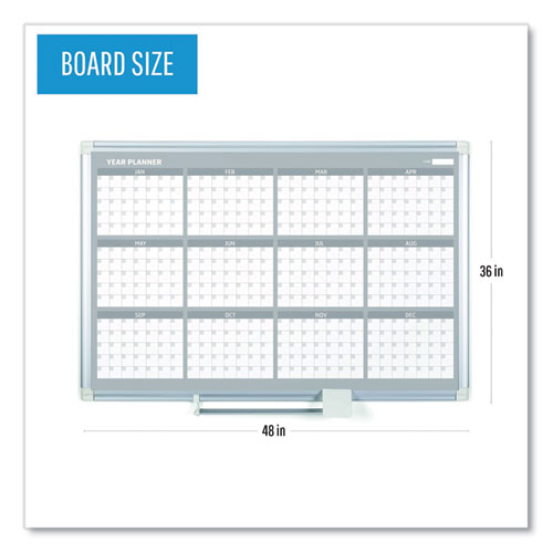 Picture of Magnetic Dry Erase Calendar Board, 12-Month Planning/Scheduling, 48" x 36", White Surface, Satin Aluminum Frame