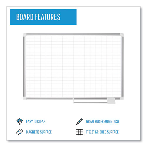 Picture of Gridded Magnetic Steel Dry Erase Project Planning Board, 1" x 2" Cells, 72" x 48", White Surface, Satin Aluminum Frame