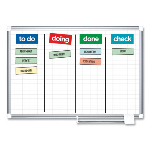 Picture of Gridded Magnetic Steel Dry Erase Project Planning Board, 1" x 2" Cells, 72" x 48", White Surface, Satin Aluminum Frame