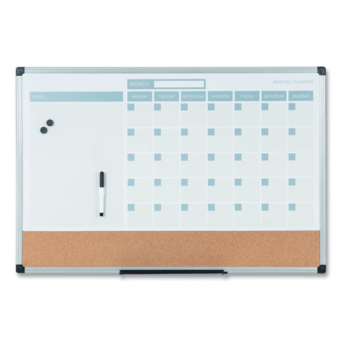 Picture of 3-in-1 Planner Board, 24 x 18, Tan/White/Blue Surface, Silver Aluminum Frame