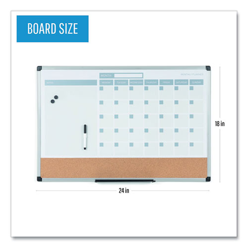 Picture of 3-in-1 Planner Board, Monthly Planning/Scheduling Calendar, 24" x 18", Tan/White/Blue Surface, Satin Aluminum Frame