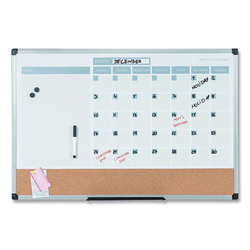 Picture of 3-in-1 Planner Board, Monthly Planning/Scheduling Calendar, 24" x 18", Tan/White/Blue Surface, Satin Aluminum Frame