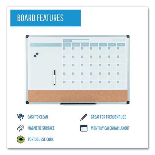 Picture of 3-in-1 Planner Board, Monthly Planning/Scheduling Calendar, 24" x 18", Tan/White/Blue Surface, Satin Aluminum Frame