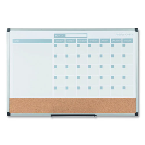 Picture of 3-in-1 Planner Board, Monthly Planning/Scheduling Calendar, 24" x 18", Tan/White/Blue Surface, Satin Aluminum Frame